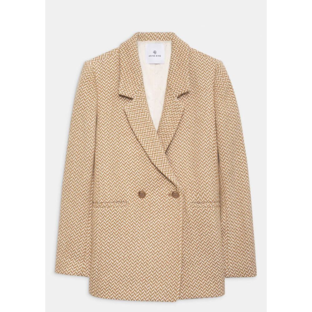 ANINE BING Fishbone Double Breasted Blazer Tan Cream Tweed Size XS